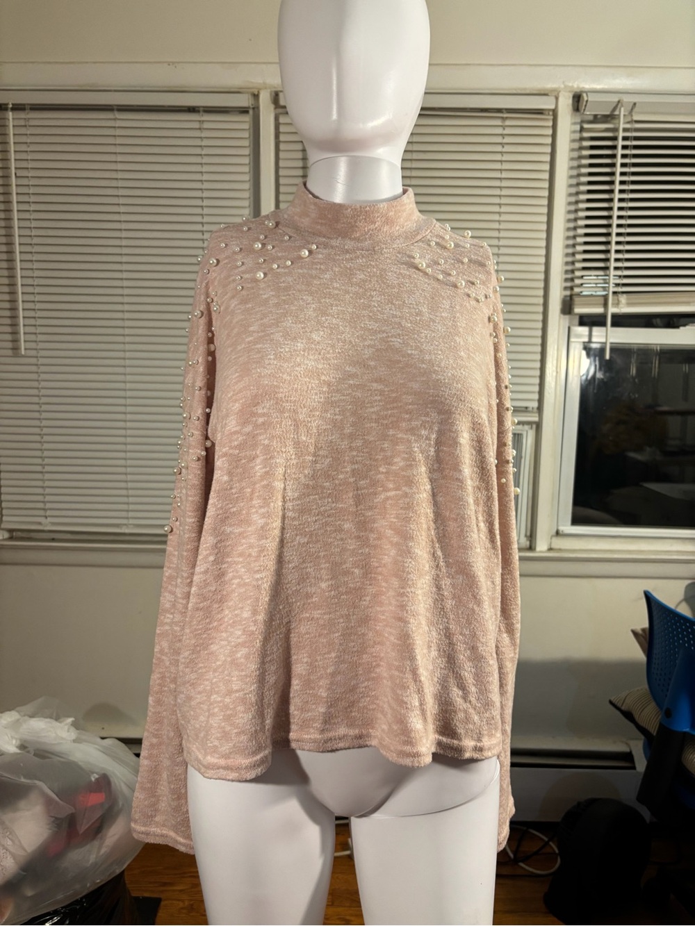 H&M Women's Pink Solid Knit Mock Neck Beaded Long Sleeve Pullover  S stretchy